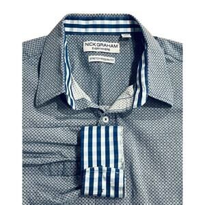 Nick‎ Graham Everywhere Stretch Modern Fit Blue & White Geometric Flip Cuff XL
